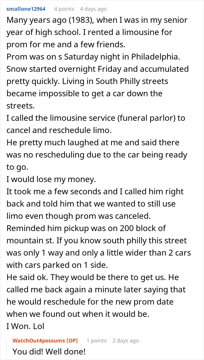 A Reddit user shares a story about a limousine booking issue during a snowy prom night in Philadelphia.
