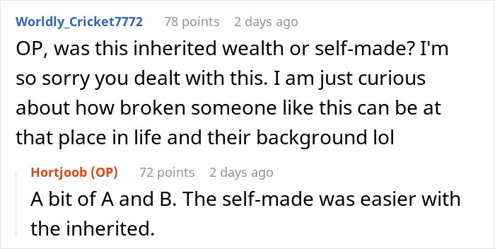 Reddit conversation about serving a billionaire family with comments on inherited and self-made wealth. Reddit conversation about serving a billionaire family with comments on inherited and self-made wealth.