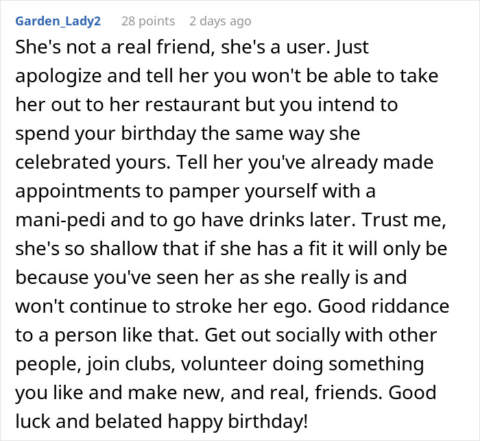 Comment discussing friendship issues, highlighting a disregard for a friend’s birthday and expectations for extravagant celebrations. Comment discussing friendship issues, highlighting a disregard for a friend’s birthday and expectations for extravagant celebrations.