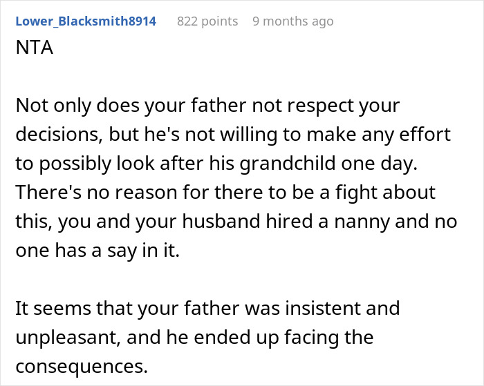 Reddit comment discussing a grandpa being told he's incompetent to babysit.