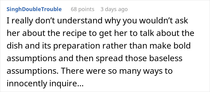 Reddit comment questioning assumptions about Thanksgiving dish freshness.