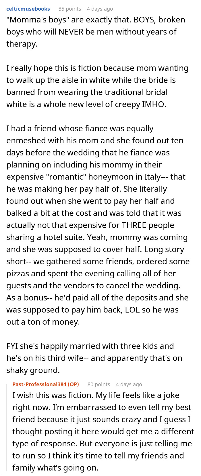 Text comments discussing a fianc&eacute;'s unusual wedding request related to his mom's comfort over traditional bridal attire.