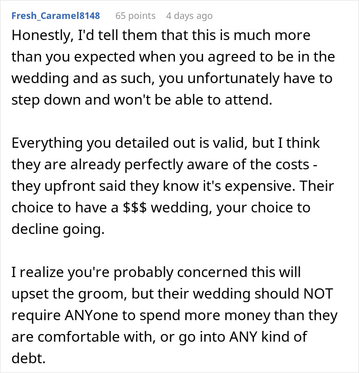 Text message conversation about a groomsman struggling to afford a destination wedding. Text message conversation about a groomsman struggling to afford a destination wedding.