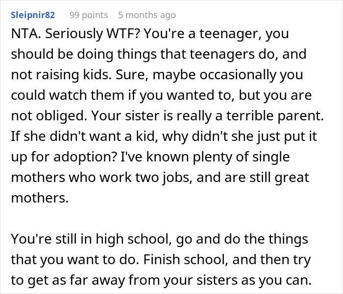 Comment criticizing a sister exploiting her teen brother as a babysitter, emphasizing teen freedom and responsibility. Comment criticizing a sister exploiting her teen brother as a babysitter, emphasizing teen freedom and responsibility.
