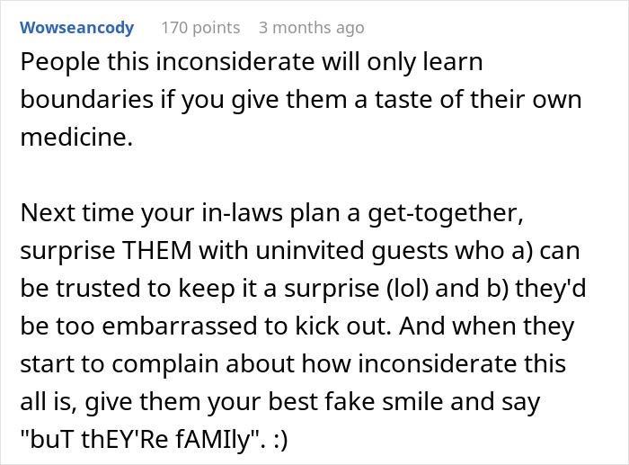 Inconsiderate in-laws lesson post suggesting surprise uninvited guests in return.