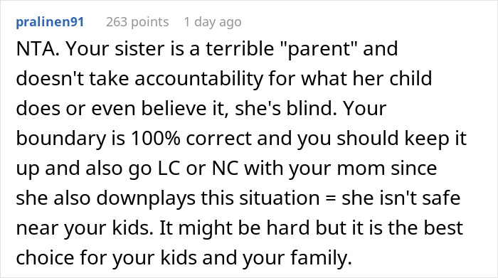 Reddit comment discussing family dynamics and accountability in a "AITAH" situation.