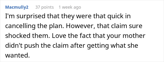 Reddit comment reacting to a company's decision involving a claim and a user's mother.