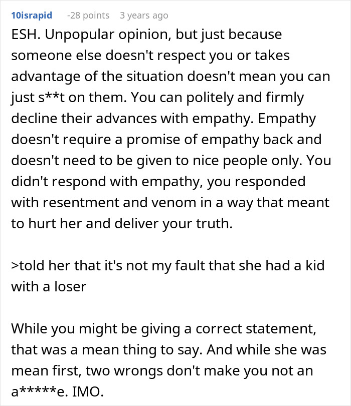 Comment discussing empathy and response dynamics in family babysitting expectations.