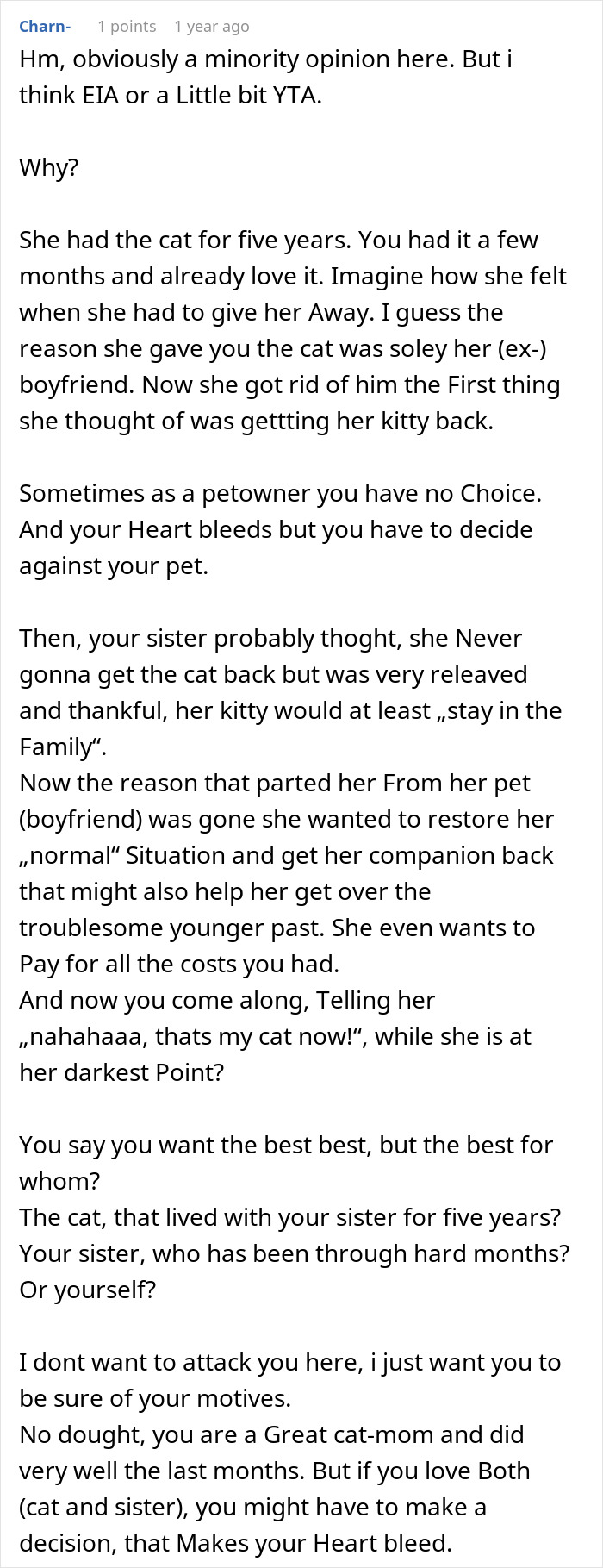 Text discussing a woman rehoming her cat and wanting it back. Text discussing a woman rehoming her cat and wanting it back.
