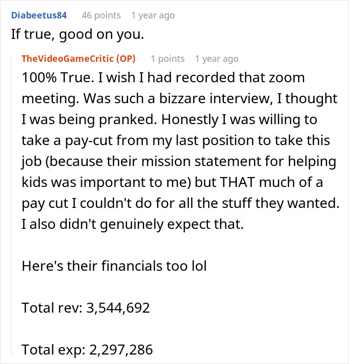 Candidate discusses unexpected job interview outcomes regarding expectations and salary in a Reddit thread.