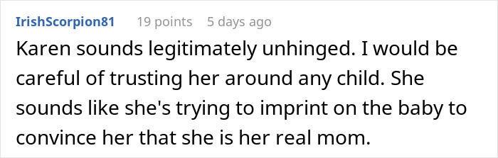 Comment criticizing a grandma demanding an heirloom crib, suggesting she intends to replace the child's parents.