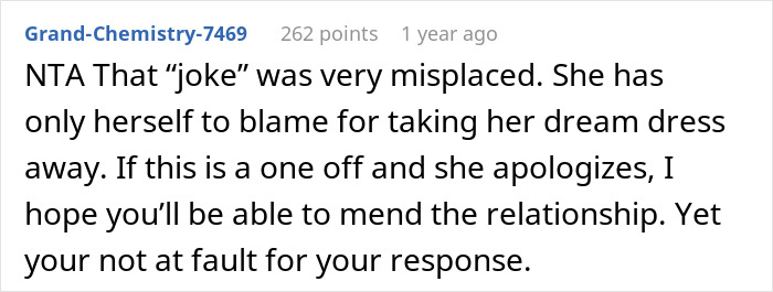 Reddit comment discussing a joke gone wrong about pregnant mistresses, mentioning a missing dream wedding dress. Reddit comment discussing a joke gone wrong about pregnant mistresses, mentioning a missing dream wedding dress.