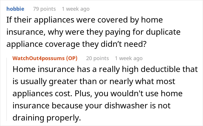 Reddit users discuss appliance coverage and home insurance costs.