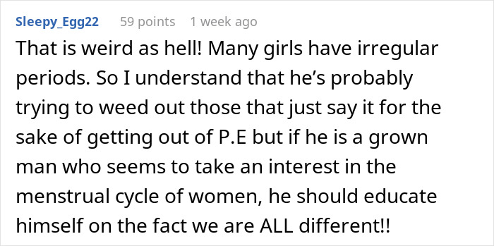 Reddit comment discussing teacher interest in tracking menstrual periods and its implications. Reddit comment discussing teacher interest in tracking menstrual periods and its implications.