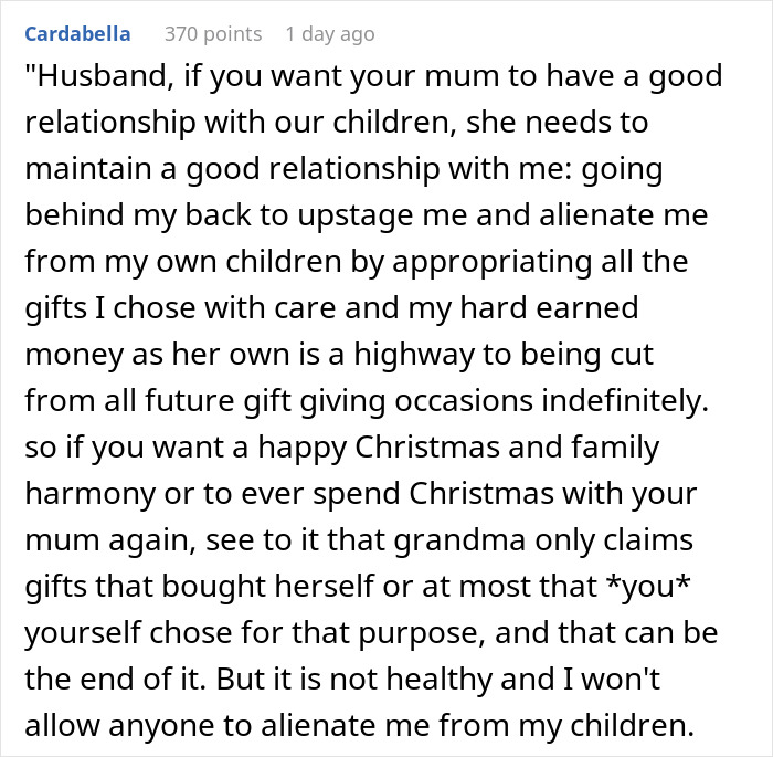 Text message about conflict over gifts, mentions MIL claiming credit.