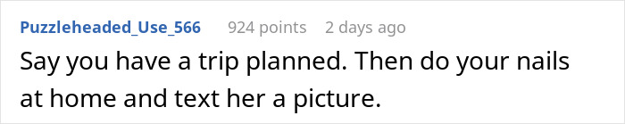 Reddit comment suggesting a plan to fake a trip and send a nails picture. Reddit comment suggesting a plan to fake a trip and send a nails picture.