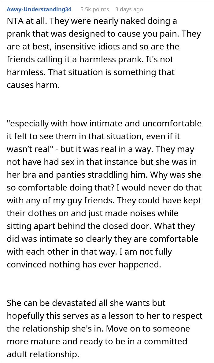 Text discussing the impact of a prank on a woman's relationship, highlighting pain and consequences. Text discussing the impact of a prank on a woman's relationship, highlighting pain and consequences.