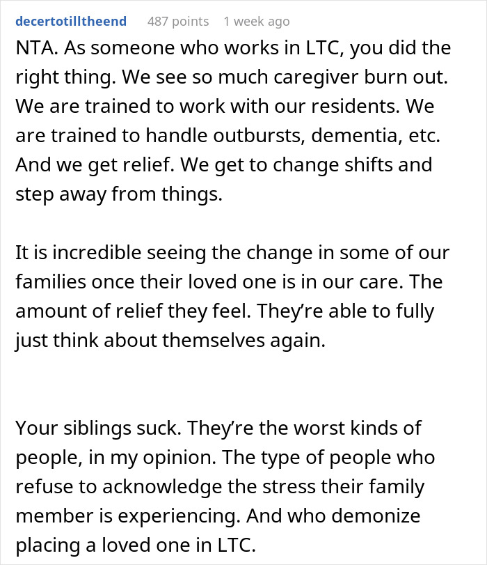 Discussion on placing mom in care facility, siblings upset, user supports decision, highlights caregiver burnout. Discussion on placing mom in care facility, siblings upset, user supports decision, highlights caregiver burnout.