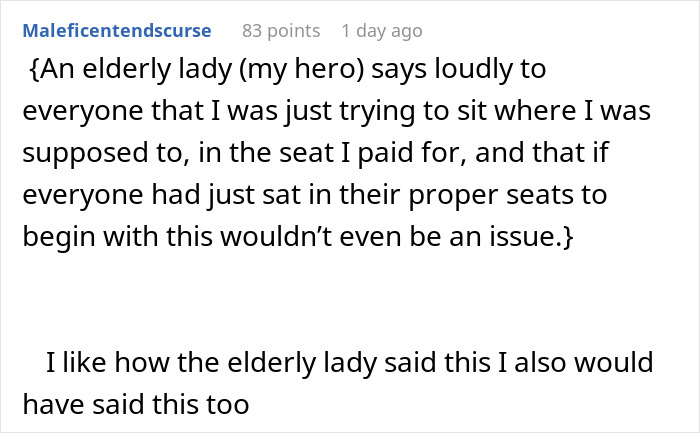 Text conversation about an elderly lady standing up for a tall woman regarding her seat.