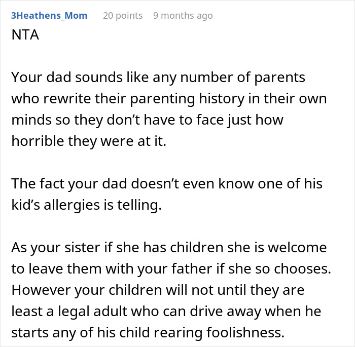 Text comment criticizing a father's parenting skills and decision-making, highlighting incompetence and ignorance.