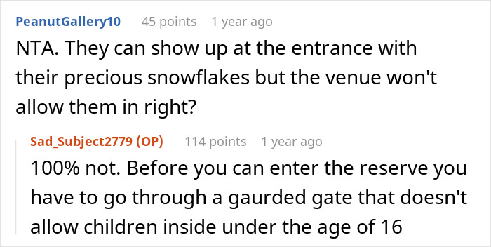 Reddit comments discussing wedding venue restrictions, mentioning children not allowed inside.