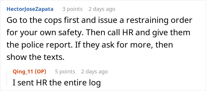 Text exchange discussing a workplace issue with HR after receiving a hate-filled message from a boss.