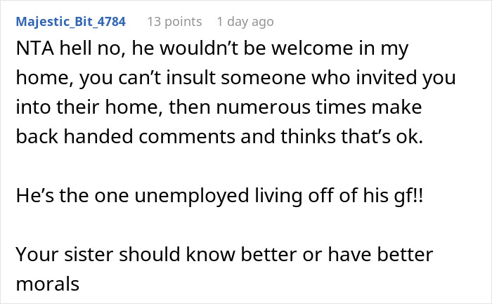 Text exchange about a sister refusing a sibling's boyfriend for Christmas dinner due to disrespectful behavior.