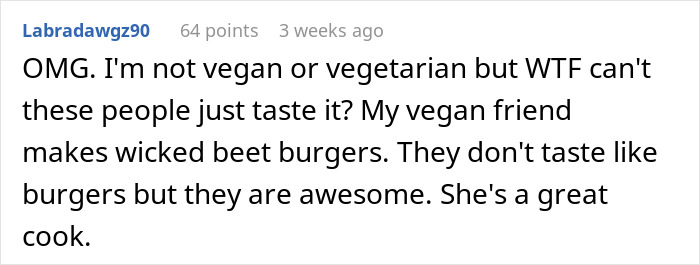 Comment on vegan beet burgers and their surprising taste.