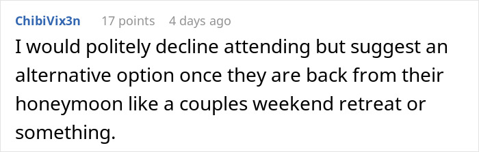 Comment discussing an alternative plan due to groomsman struggles affording a destination wedding. Comment discussing an alternative plan due to groomsman struggles affording a destination wedding.