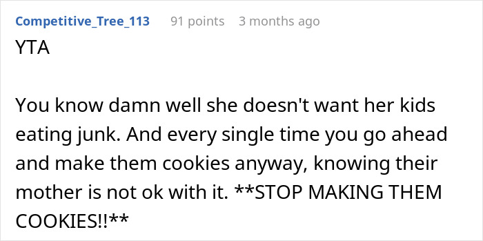 Text screenshot discussing objection to grandparents making cookies for kids. Text screenshot discussing objection to grandparents making cookies for kids.