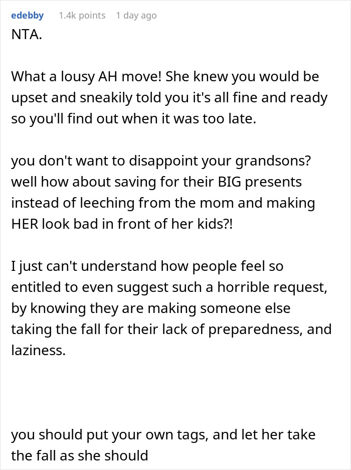 Text post discussing reaction to a mother-in-law putting tags on gifts she didn&rsquo;t buy, causing outrage.