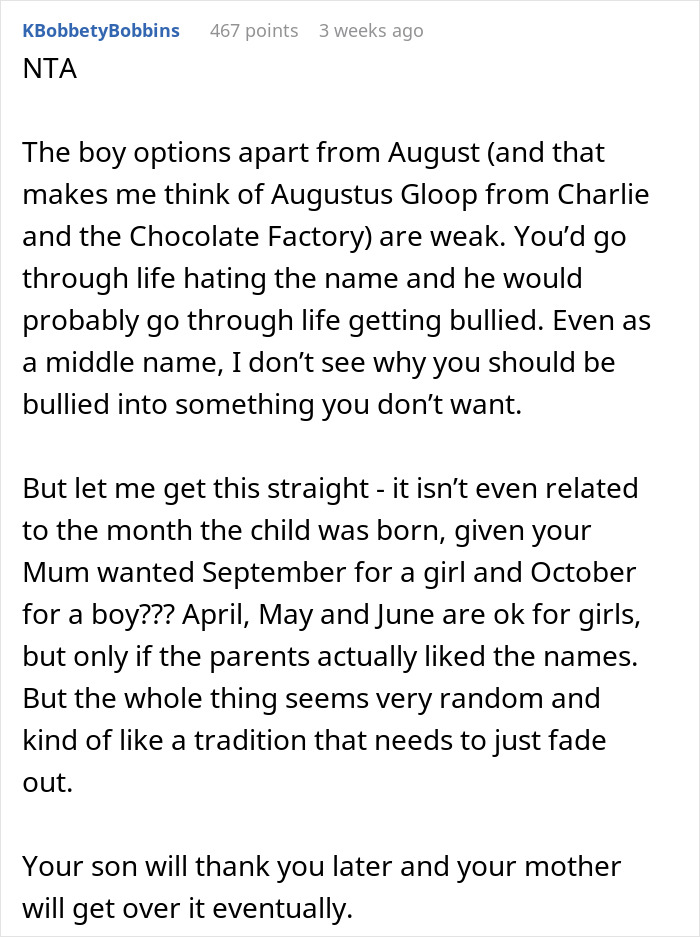 Text discussing breaking family tradition in baby naming. Text discussing breaking family tradition in baby naming.