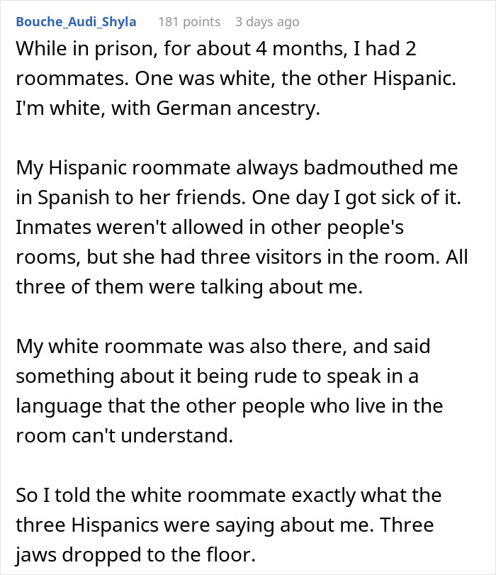 Woman takes revenge on driver for fat shaming using his language; caption addresses prison roommates and language. Woman takes revenge on driver for fat shaming using his language; caption addresses prison roommates and language.