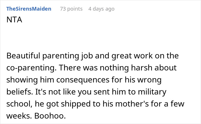 Reddit comment criticizing a teenager's belief that chores are a woman's job, praising a parent&rsquo;s response.