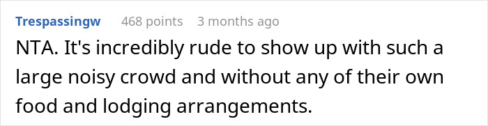 Comment criticizing in-laws for unannounced vacation visit, calling it rude to come without arrangements.