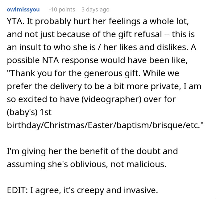 Reddit comment discussing the feelings of awkwardness from receiving a creepy and invasive gift. Reddit comment discussing the feelings of awkwardness from receiving a creepy and invasive gift.