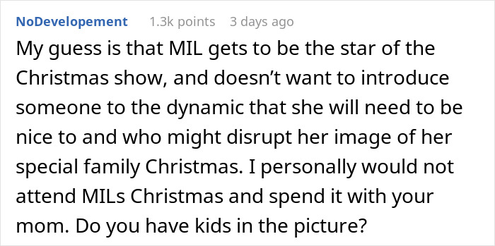 Forum comment about MIL declining Christmas request, prioritizing her family dynamic.