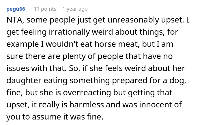 A Reddit comment discussing the harmlessness of giving a niece a dog treat snack. A Reddit comment discussing the harmlessness of giving a niece a dog treat snack.
