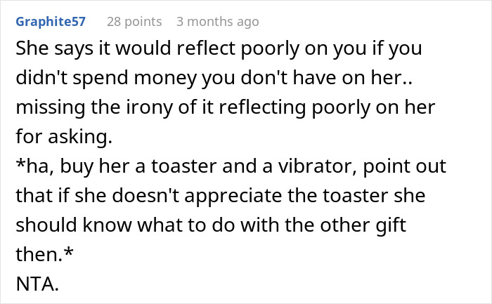 A comment humorously criticizing unrealistic gift expectations at a wedding.