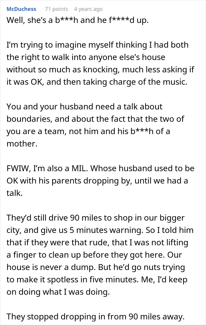 Text comments discussing setting boundaries with a mother-in-law.