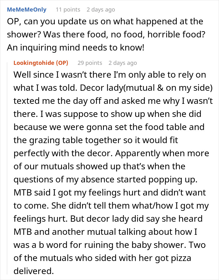 Reddit thread discussing a woman uninvited from a baby shower refusing to deliver food, upsetting the mom-to-be. Reddit thread discussing a woman uninvited from a baby shower refusing to deliver food, upsetting the mom-to-be.