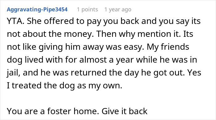 Comment discussing rehoming a pet, suggesting the original owner should get the cat back if requested. Comment discussing rehoming a pet, suggesting the original owner should get the cat back if requested.