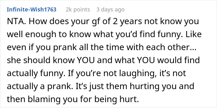 Comment discussing the consequences of a prank on a 2-year relationship. Comment discussing the consequences of a prank on a 2-year relationship.