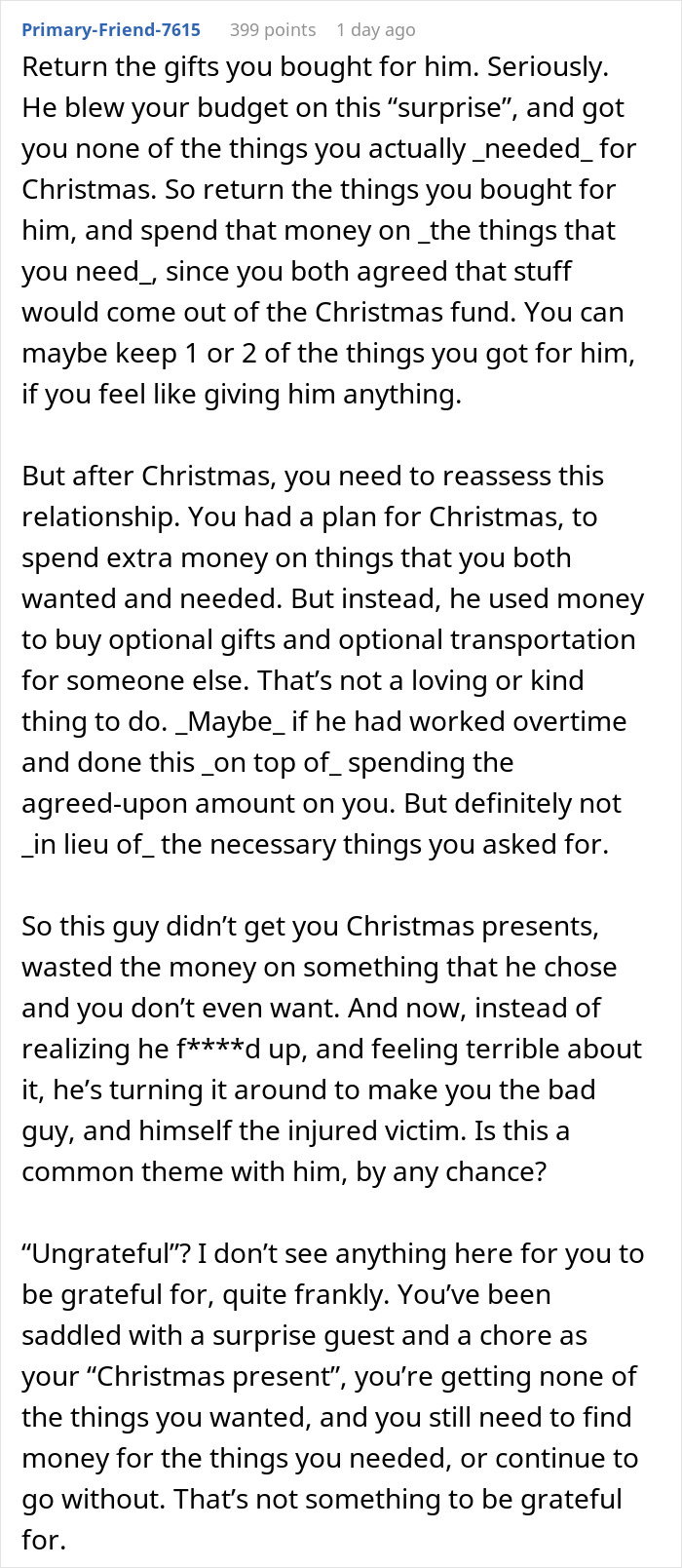 Text response discussing a man's thoughtful surprise causing distress after early reveal to girlfriend.