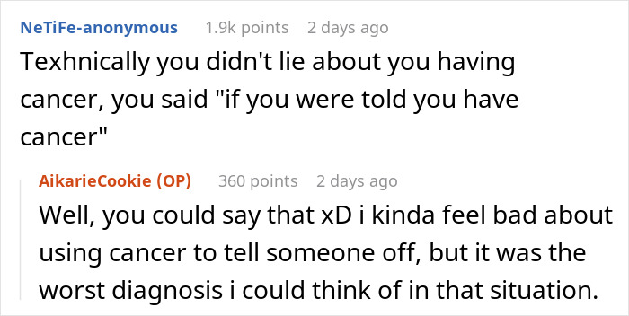 Reddit thread discussing a woman clapping back at teens, mentioning a cancer diagnosis scenario.