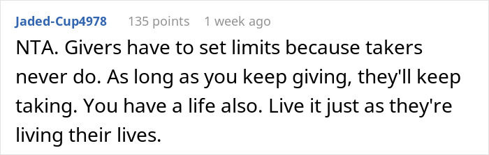 Reddit user's comment discussing boundaries in caregiving responsibilities. Reddit user's comment discussing boundaries in caregiving responsibilities.
