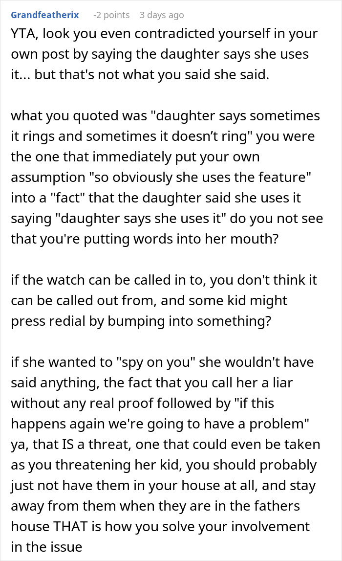 Text conversation discussing a woman's use of a Gizmo Watch for spying. Text conversation discussing a woman's use of a Gizmo Watch for spying.