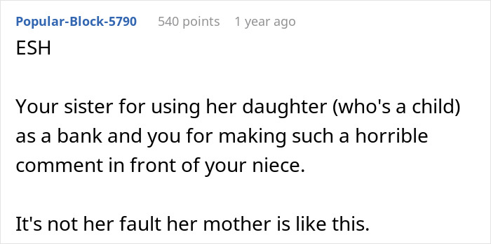 Reddit user comment discussing critiques on family appearances and relationships.