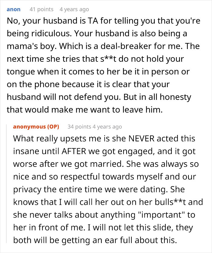 Reddit thread discussing a mother-in-law visiting unannounced, causing conflict with the husband's support.