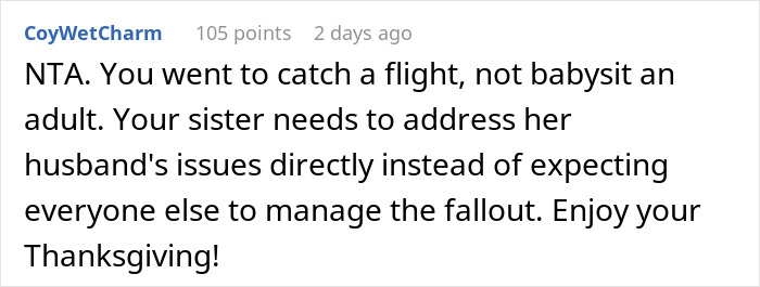 Reddit comment discussing a woman not missing her flight due to her brother-in-law's drunken behavior.